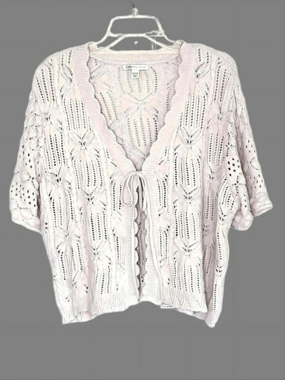 Open Knit Pointelle Cardigan 18/20W Tie Front Cropped Boho Coastal Cream